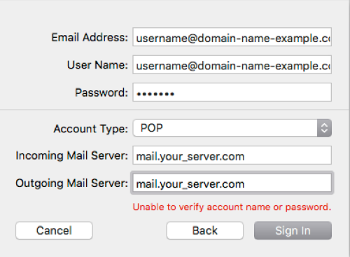 Mail Server Settings for Login and Account Information